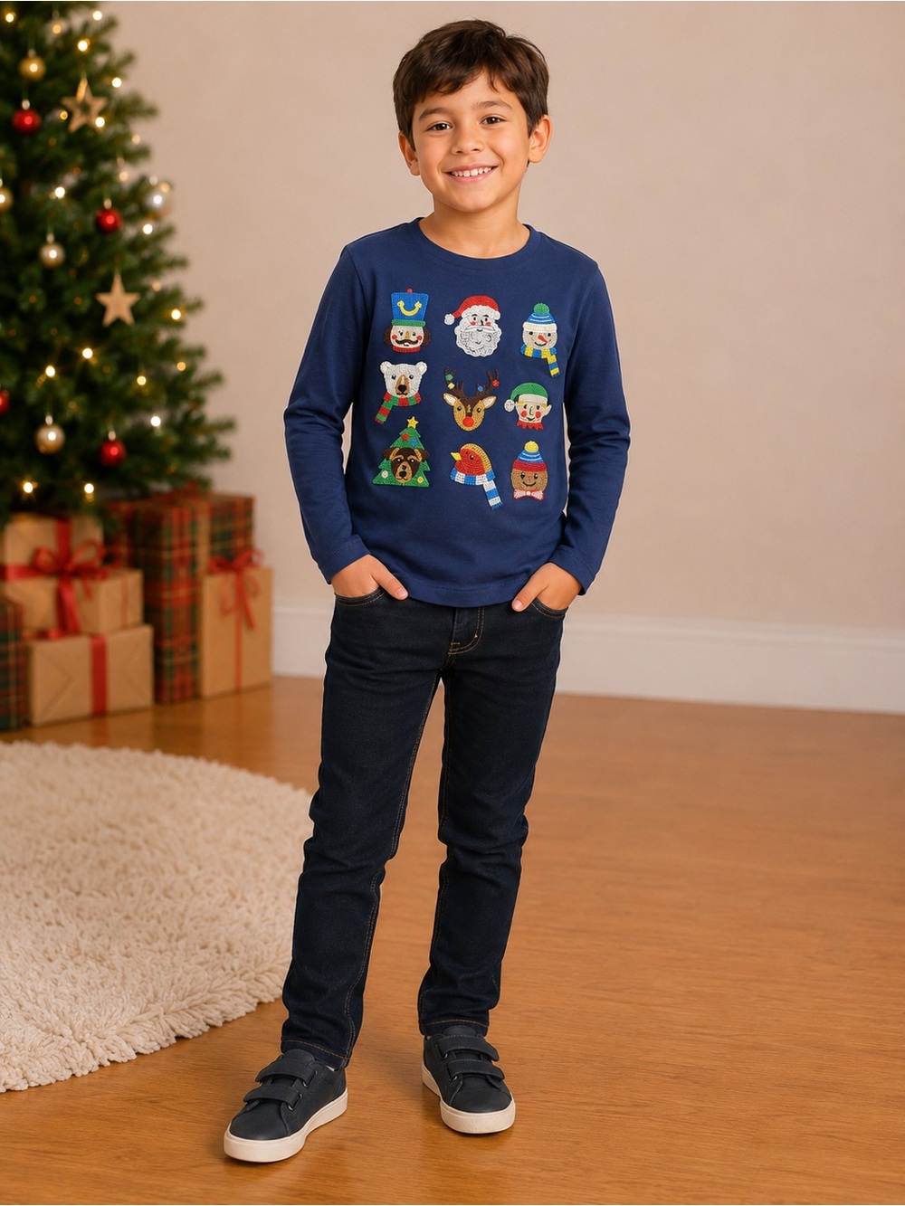 Mini Boden • NWT Kids Navy Blue Long-Sleeve Holiday Character Tee